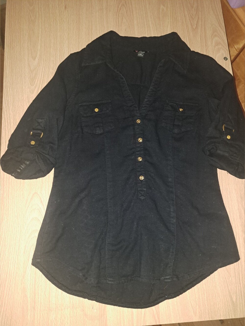 Guess  Linen  Black Blouse Buttons-Front Roll Tab Sleeve Shirt